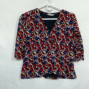 JM Collection Womens Multicolor Three Quarter Sleeves V Neck Blouse Top Size PS